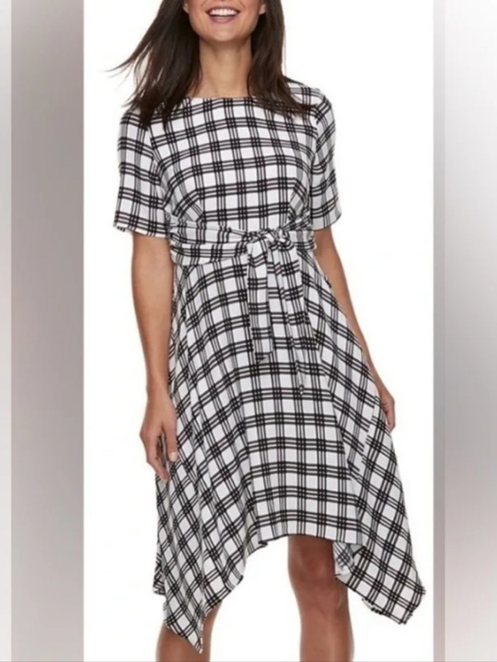 ELLE Handkerchief Plaid Tie Up Knot Waist Sharkbite Casual Summer Twirl Dress